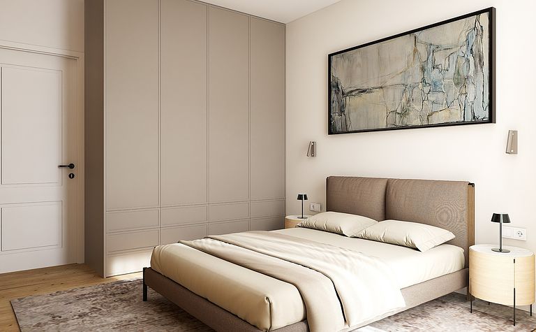 Sypialnia w stylu minimalistycznym z beżowym łóżkiem, szafą i obrazem w stonowanych kolorach.