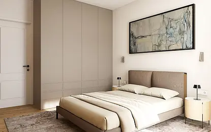 Sypialnia w stylu minimalistycznym z beżowym łóżkiem, szafą i obrazem w stonowanych kolorach.