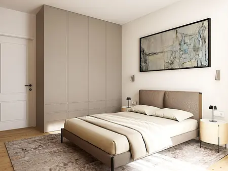 Sypialnia w stylu minimalistycznym z beżowym łóżkiem, szafą i obrazem w stonowanych kolorach.