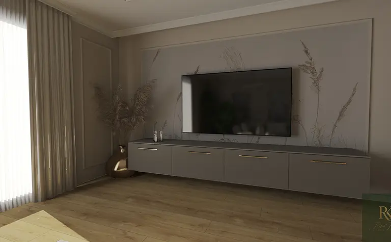 Wnętrze salonu z szarym telewizorem i minimalistycznymi meblami