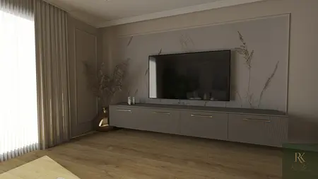 Wnętrze salonu z szarym telewizorem i minimalistycznymi meblami