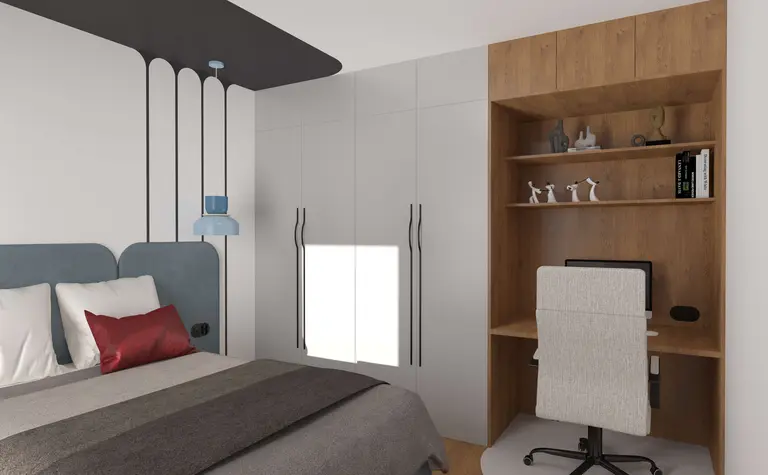 Wnętrze sypialni z biurkiem, szafą i niebieskimi akcentami, styl dopamine decor.