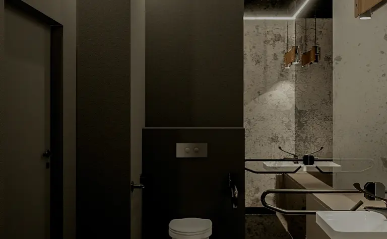 Nowoczesna łazienka w stylu eklektycznym z industrialnymi i minimalistycznymi akcentami.