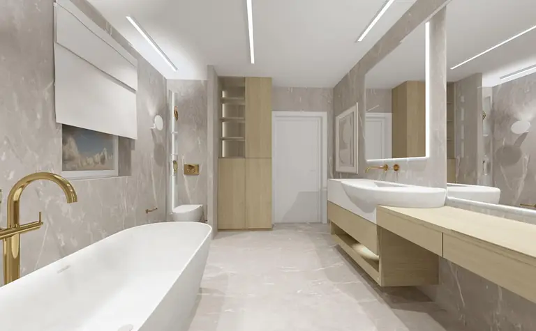 Nowoczesna łazienka z wanną, drewnymi meblami i jasnymi ścianami w stylach boho i japandi.