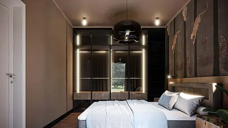 Wnętrze sypialni z dużą szafą, nowoczesnym oświetleniem i miękkim minimalizmem.