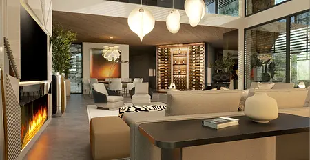 Wnętrze nowoczesnego salonu z kominkiem, dużym stołem i wygodnymi sofami.