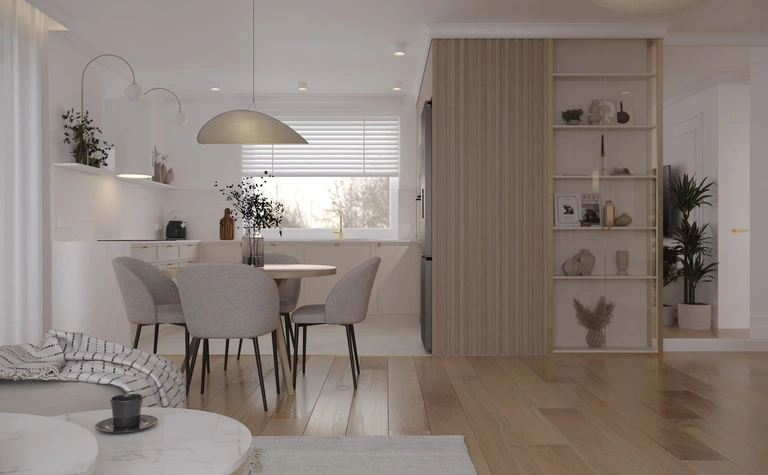 Wnętrze kuchni z drewnianym blatem, szarymi krzesłami i roślinami, styl quiet luxury.