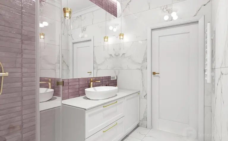 Nowoczesna łazienka z białymi meblami i fioletowymi płytkami w stylu glamour