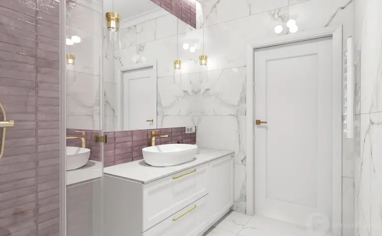 Nowoczesna łazienka z białymi meblami i fioletowymi płytkami w stylu glamour