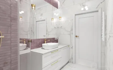 Nowoczesna łazienka z białymi meblami i fioletowymi płytkami w stylu glamour