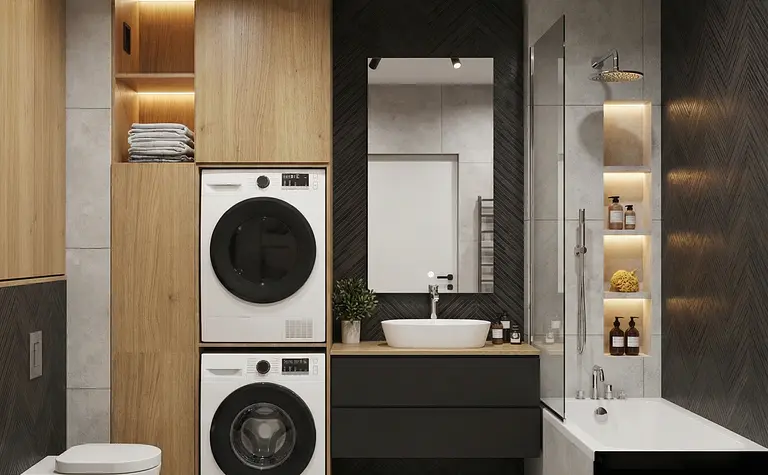 Nowoczesna łazienka z pralką, wanną i drewnianymi elementami w stylu industrialnym i minimalistycznym.