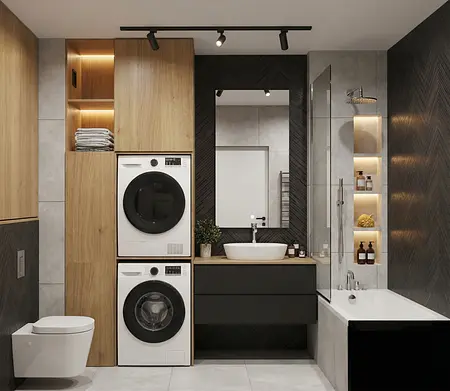 Nowoczesna łazienka z pralką, wanną i drewnianymi elementami w stylu industrialnym i minimalistycznym.