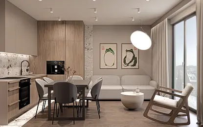 Wnętrze nowoczesnej kuchni z drewnianymi akcentami i szarym stołem.