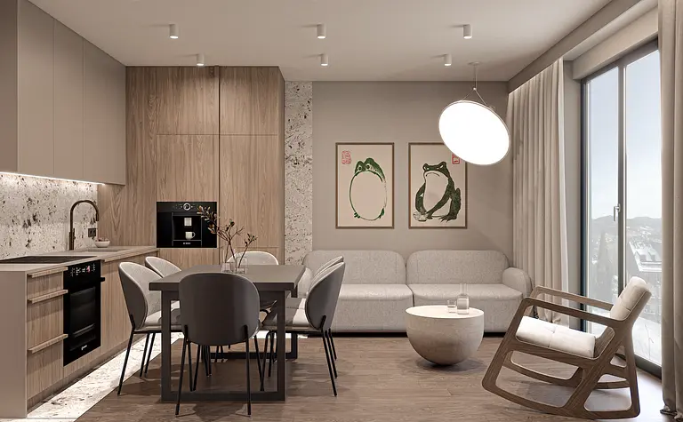 Wnętrze nowoczesnej kuchni z drewnianymi akcentami i szarym stołem.