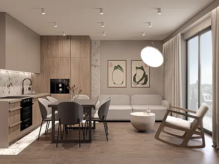 Wnętrze nowoczesnej kuchni z drewnianymi akcentami i szarym stołem.