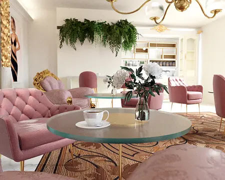Stylowy salon w stylu glamour, minimalistyczny, minimaluxe z różowymi fotelami i roślinami.
