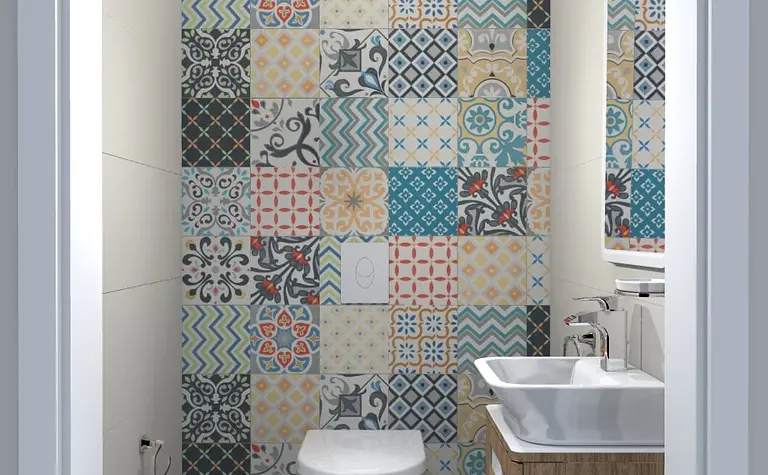 Toaleta z kolorowymi płytkami, drewnianą szafką, w stylach: dopamine decor, industrialny, japandi, minimalistyczny, minimaluxe, nowoczesny, skandynawski, współczesny.