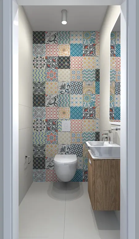 Toaleta z kolorowymi płytkami, drewnianą szafką, w stylach: dopamine decor, industrialny, japandi, minimalistyczny, minimaluxe, nowoczesny, skandynawski, współczesny.