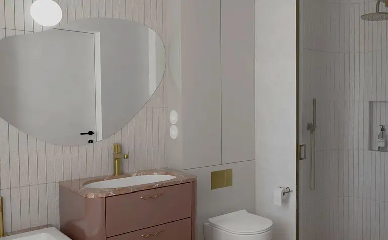 Nowoczesna łazienka w stylu art deco i vintage z delikatnymi akcentami.