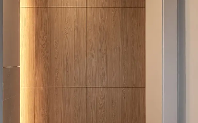Minimalistyczna toaleta z drewnianymi panelami i białymi elementami.