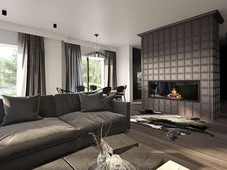Eklektyczny i minimalistyczny salon z kominkiem, szarymi zasłonami i nowoczesną sofą.