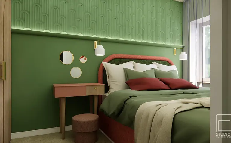 Sypialnia w stylu boho i eklektycznym z zieloną ścianą i meblami