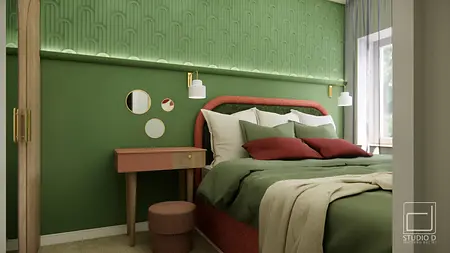Sypialnia w stylu boho i eklektycznym z zieloną ścianą i meblami