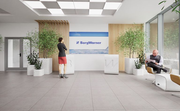 Wnętrze recepcji z industrialnymi elementami, roślinami i nowoczesnym designem.