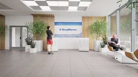 Wnętrze recepcji z industrialnymi elementami, roślinami i nowoczesnym designem.
