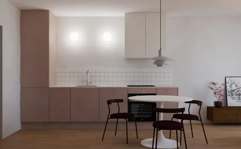 Minimalistyczna kuchnia w stylu skandynawskim z różowymi meblami i białymi akcentami.