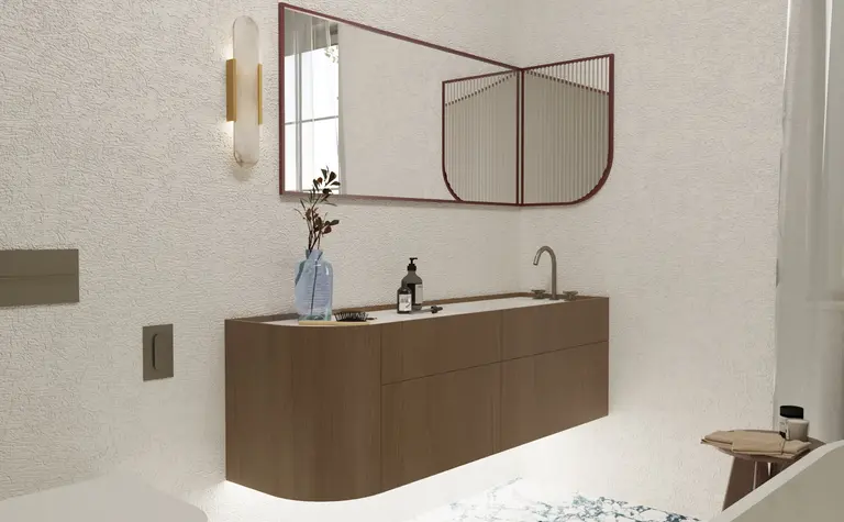 Nowoczesna łazienka w stylu soft minimalizm i vintage z drewnianymi elementami.