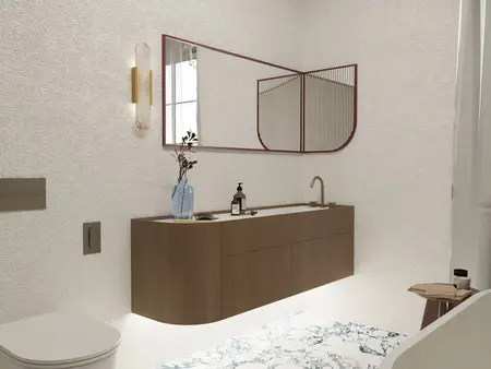 Nowoczesna łazienka w stylu soft minimalizm i vintage z drewnianymi elementami.