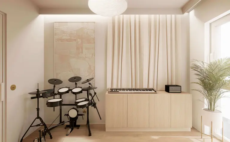 Wnętrze pokoju muzycznego w stylu japandi, minimalistycznym, nowoczesnym, quiet luxury.