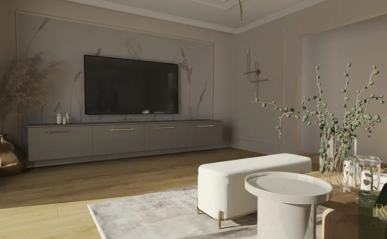 Wnętrze salonu z minimalistycznym designem, nowoczesnymi meblami i współczesnymi detalami.