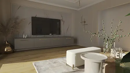 Wnętrze salonu z minimalistycznym designem, nowoczesnymi meblami i współczesnymi detalami.