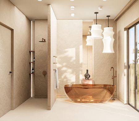 Nowoczesna łazienka z miedzianą wanną, jasnymi ścianami i designerskimi lampami w stylu boho i glamour.