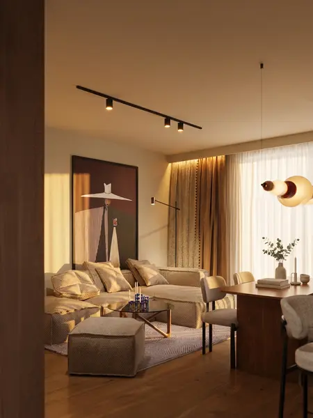 Wnętrze salonu w stylu art deco i eklektycznym z beżowymi meblami.