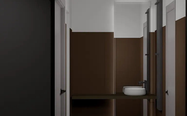 Przedpokój w stylu japandi z brązowymi ścianami i minimalistyczną umywalką.