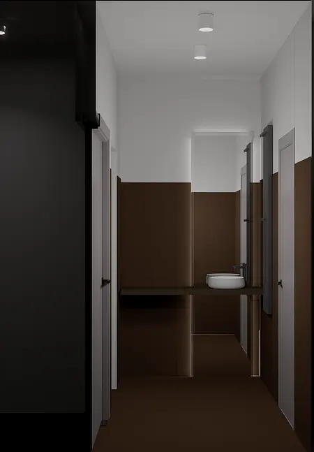 Przedpokój w stylu japandi z brązowymi ścianami i minimalistyczną umywalką.