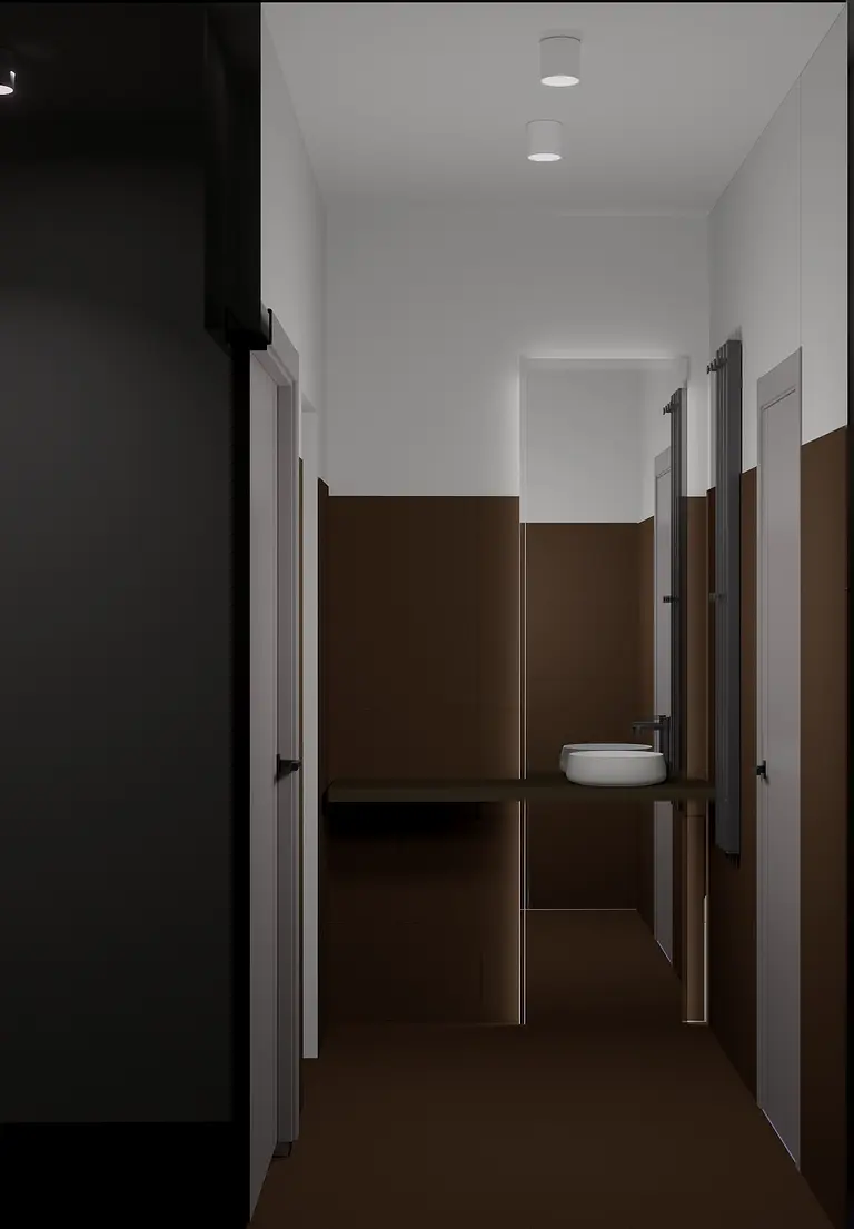 Przedpokój w stylu japandi z brązowymi ścianami i minimalistyczną umywalką.