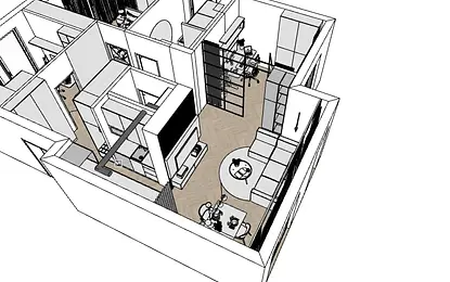 Wnętrze salonu w stylu skandynawskim z dużą sofą i okrągłym stolikiem.