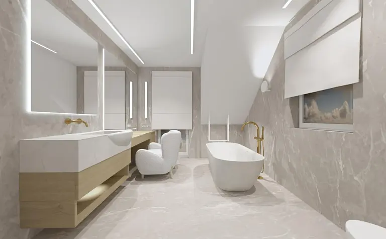 Nowoczesna łazienka w stylu boho i japandi z białymi i drewnianymi elementami.