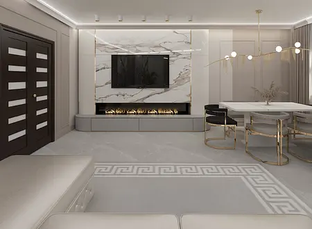 Wnętrze salonu z kominkiem, jasnymi meblami i detalami glamour.