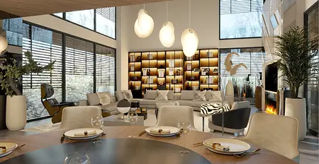 Wnętrze nowoczesnego salonu z szarymi meblami i drewnianymi detalami.