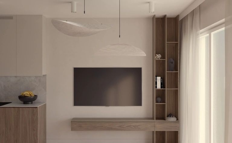 Wnętrze salonu w stylu japandi, minimalistycznym z drewnianymi akcentami