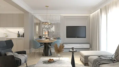 Współczesny salon z niebieskimi krzesłami, dużym stołem i eleganckim oświetleniem.