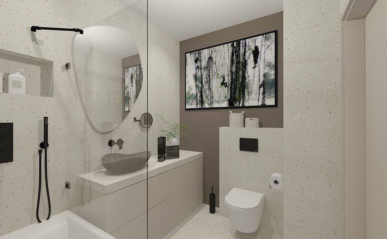 Wnętrze łazienki z minimalistycznym designem i jasnymi meblami.