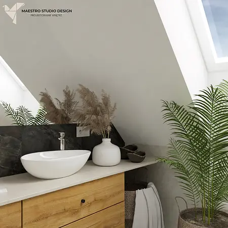 Nowoczesna łazienka boho z białą umywalką i roślinami