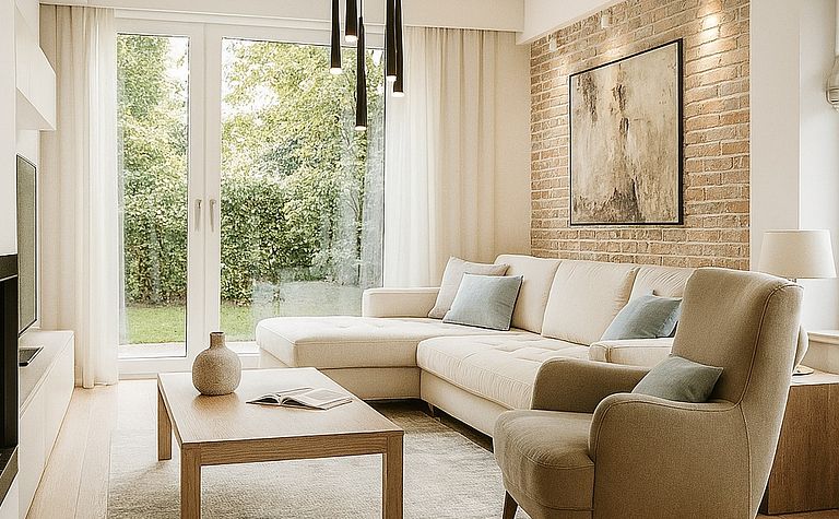 Wnętrze salonu w stylach eklektycznym i minimalistycznym z jasną sofą i ceglaną ścianą.