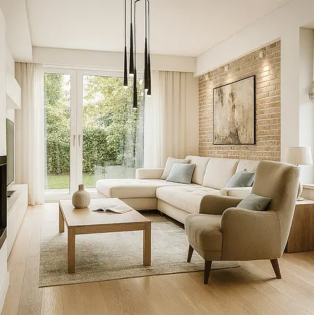 Wnętrze salonu w stylach eklektycznym i minimalistycznym z jasną sofą i ceglaną ścianą.